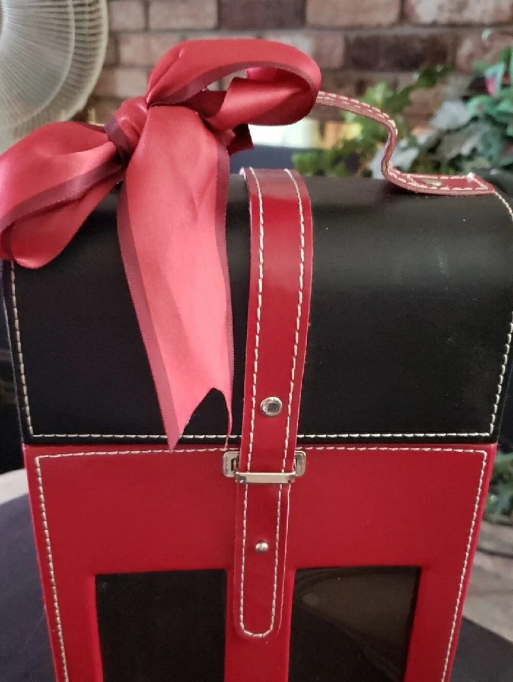 Two-Tone Red and Black Leatherette Wine Bottle Carrier Bag for Two Bottles.